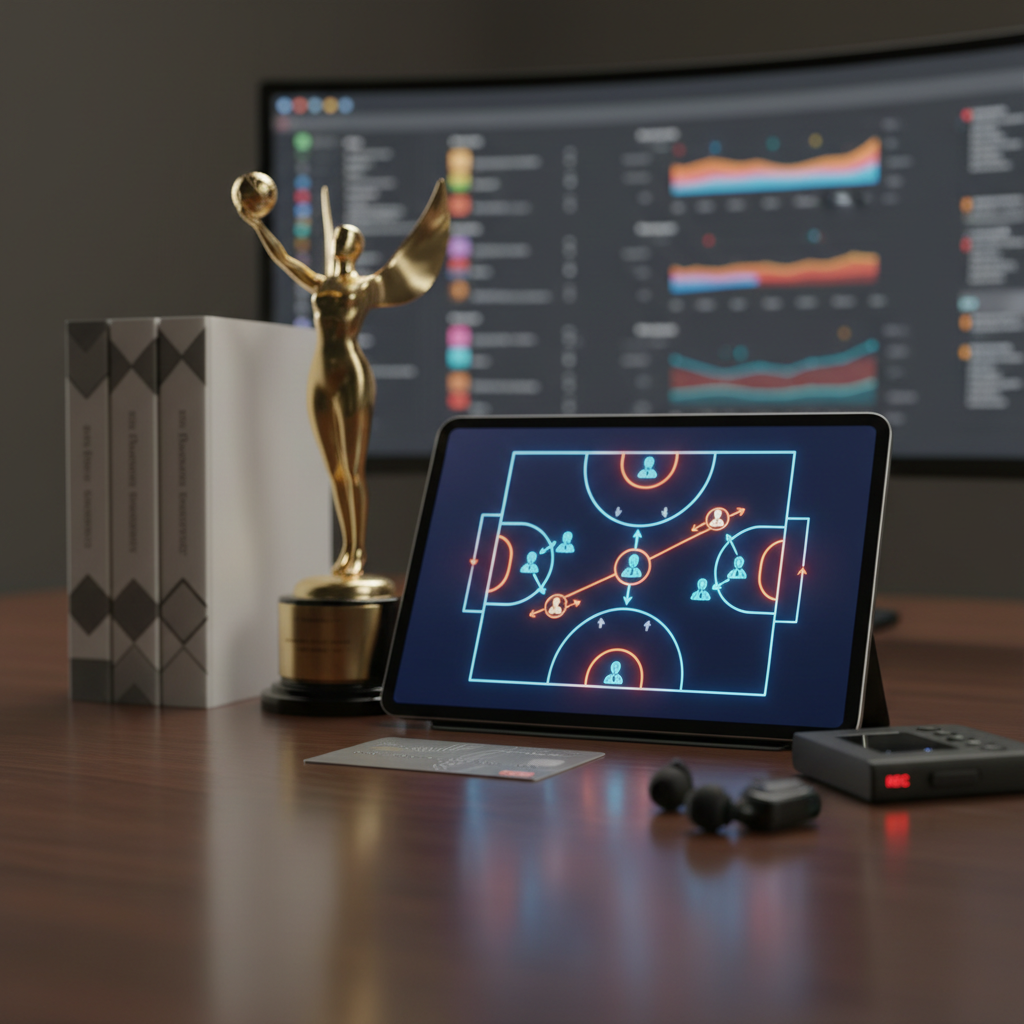 A close-up, photographic-realistic shot of a polished wooden desk where multiple industries intersect through objects: a high-end tablet displaying a stylized sports play diagram, a glossy entertainment award trophy, a stack of minimalist law books with unbranded spines, a metal credit card, and wireless earbuds resting beside a digital audio recorder. In the background, an ultra-wide curved monitor shows a blurred interface of charts and timelines without legible text. Soft, directional studio lighting from the left creates gentle contrast and subtle reflections on metal and glass. Shot at a low, cinematic angle with shallow depth of field, the mood is focused, intellectual, and refined, perfect for an article dissecting complex creator deals and cross-industry collaborations.