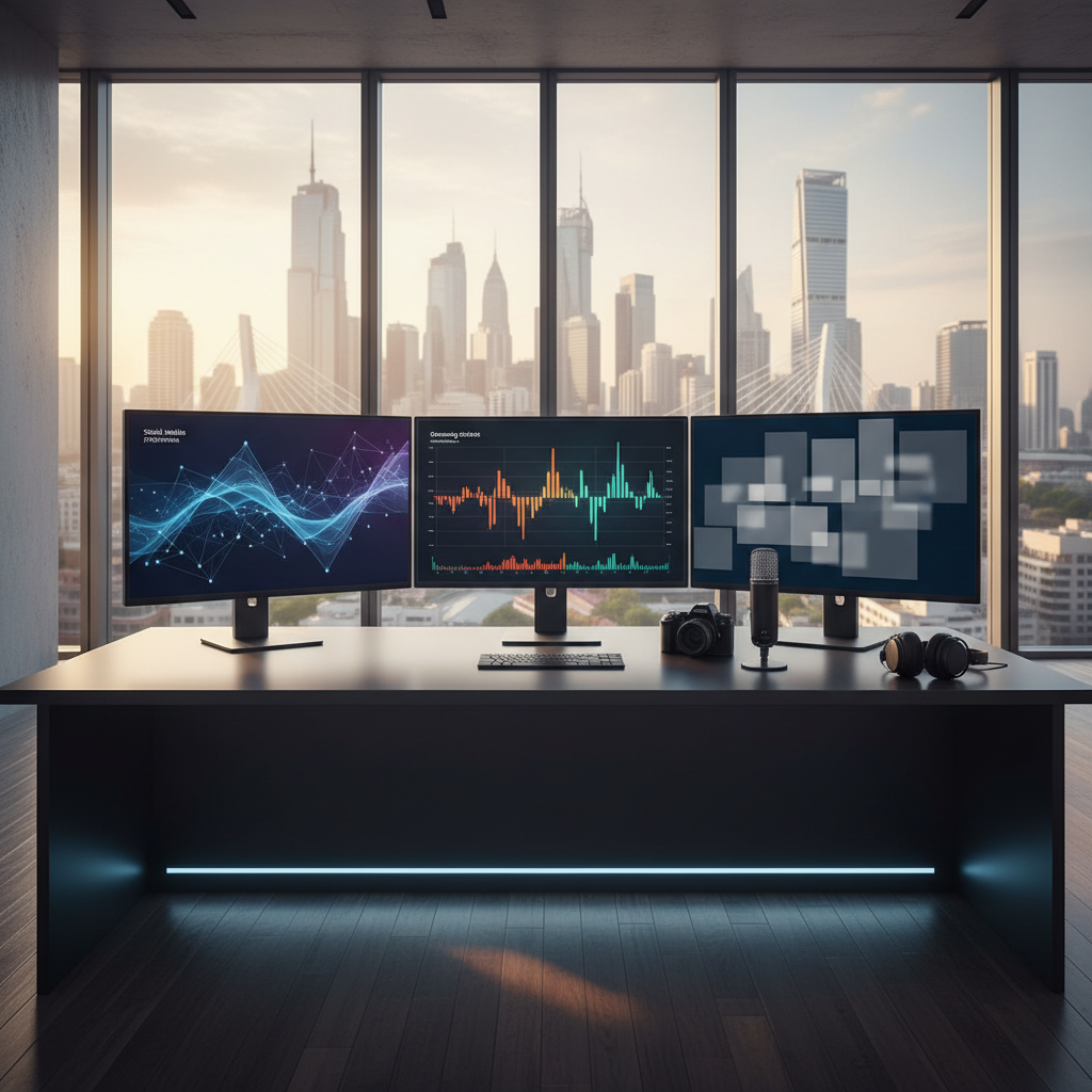 An ultra-modern editorial workspace with no people present: a long matte-black desk supporting three large, thin-bezel monitors, each displaying different abstract visualizations of social platforms, streaming stats, and legal documents without readable text. Beside them, a closed mirrorless camera, studio microphone, and sleek headphones rest on the surface. Floor-to-ceiling windows reveal a contemporary cityscape humming below. Late-afternoon natural light pours in, complemented by subtle LED strip lighting under the desk, creating clean highlights and soft shadows. Captured in photographic realism from a slightly elevated angle, with sharp focus throughout, the scene feels analytical yet creative, embodying sophisticated coverage of creator media, business strategy, and technology.