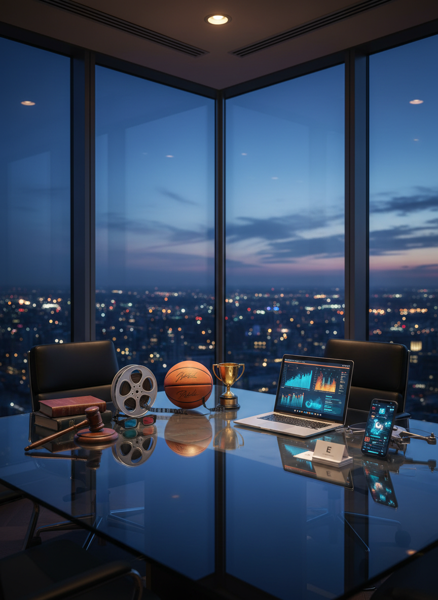 A sleek, glass-walled conference table rendered without people, covered in neatly arranged objects representing law, entertainment, sports, business, and technology: a polished wooden gavel, a vintage film reel, a signed leather basketball, a brushed-metal laptop displaying abstract charts, and a slim smartphone with a glowing interface. The table sits high in a corner office overlooking a twinkling city skyline at dusk. Cool blue-hour light mixes with warm recessed ceiling lights, casting refined reflections across the glass. Photographic realism, shot at eye level with a shallow depth of field that softly blurs the skyline, creating a sophisticated, modern atmosphere suited to a high-end media publication about the creator economy and industry leadership.