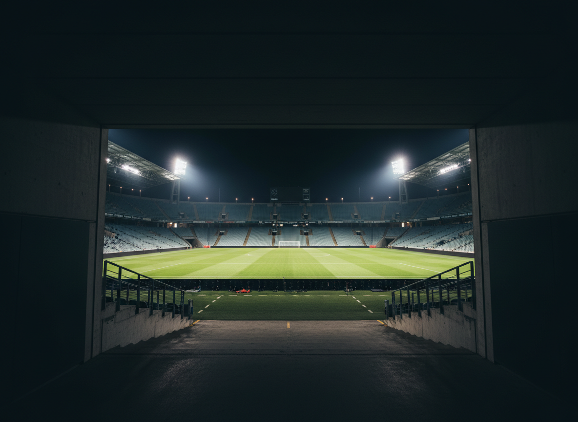 A dark cinematic wide-angle photograph of an empty professional sports stadium at night, viewed from the tunnel exit onto the field. Dramatic low light, stadium floodlights cutting through deep shadows, green turf glowing in the distance. Moody, atmospheric, no people present.