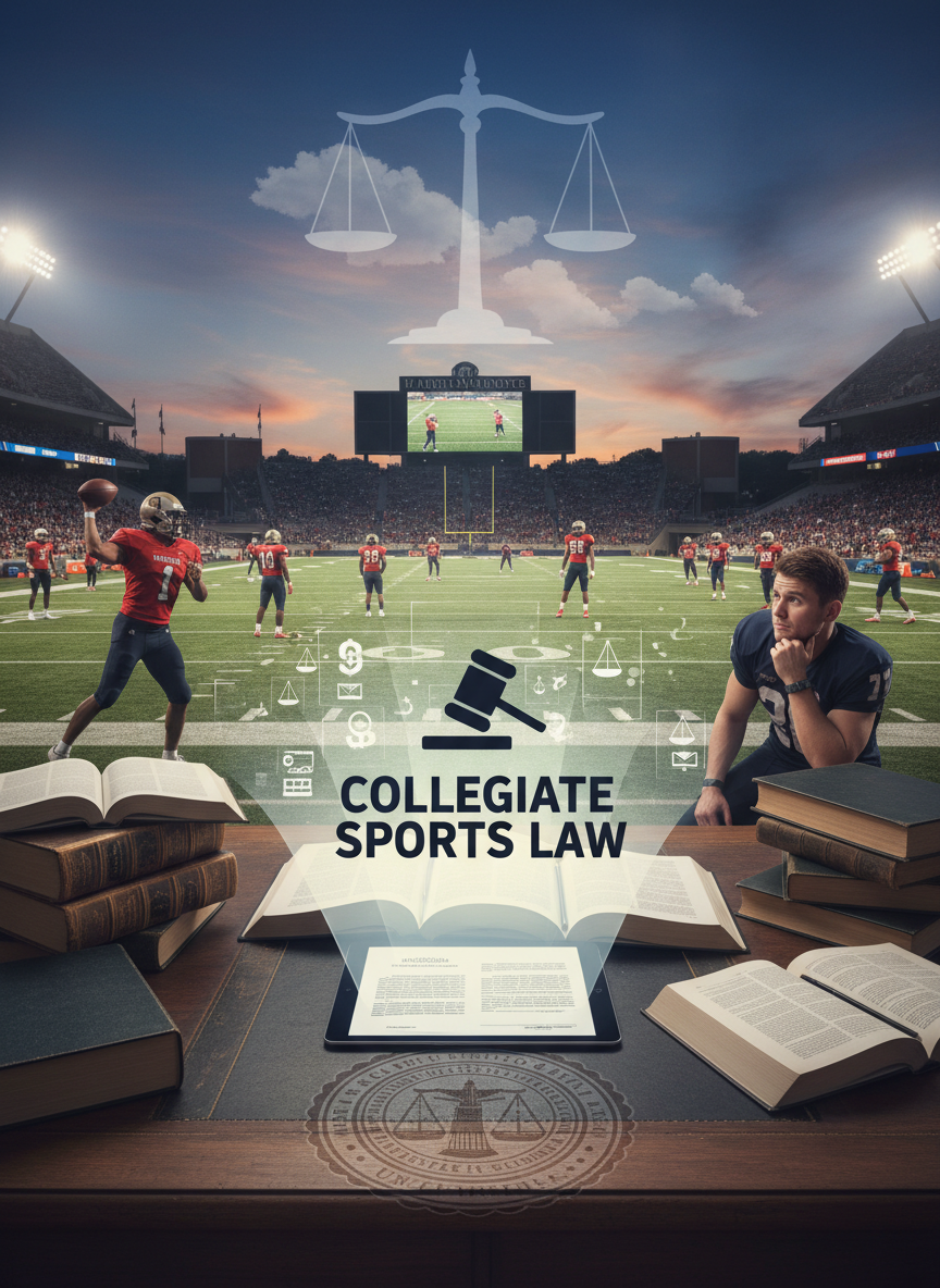 College sports and law imagery representing the new legal era in collegiate athletics