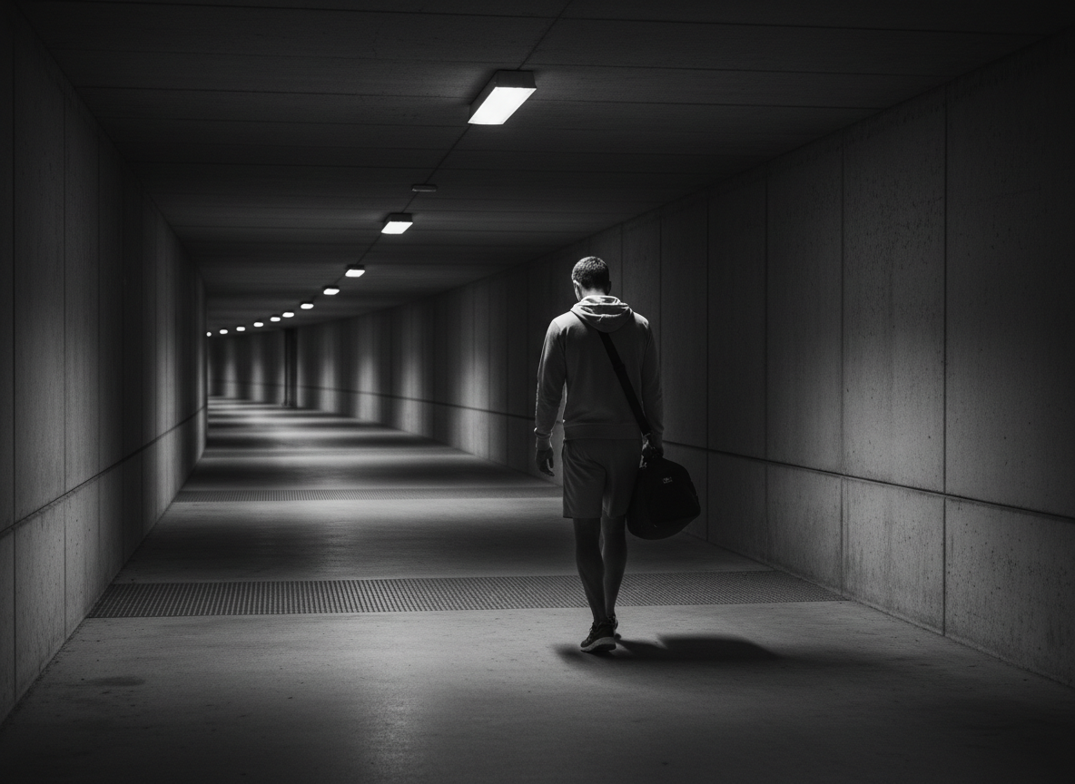 Editorial photograph of a lone athlete walking away down a stadium tunnel