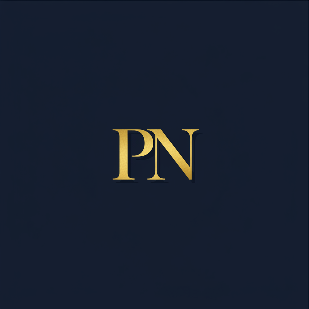 Portrait placeholder with gold monogram PN on navy