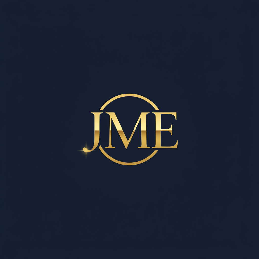 Portrait placeholder with gold monogram JME on navy