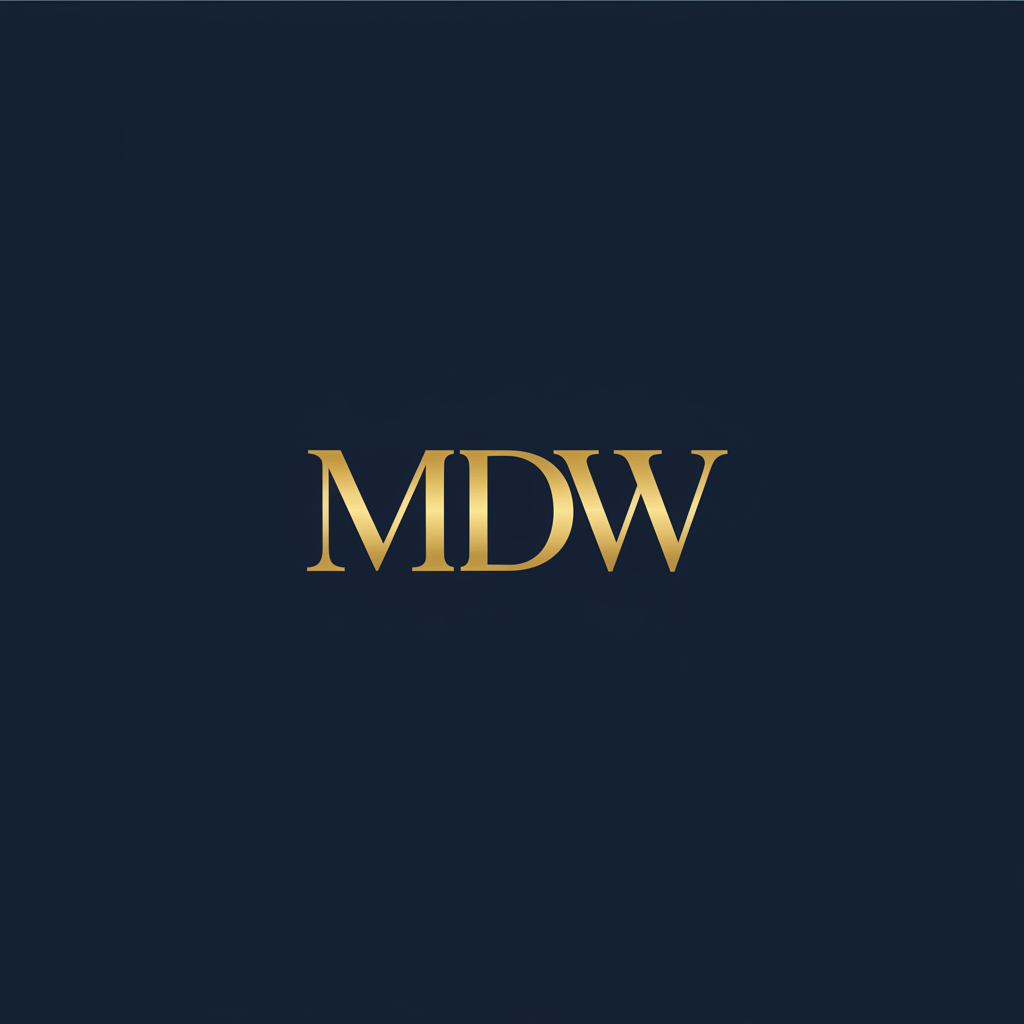 Portrait placeholder with gold monogram MDW on navy