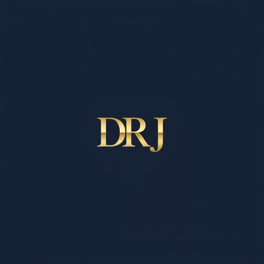 Portrait placeholder with gold monogram DRJ on navy